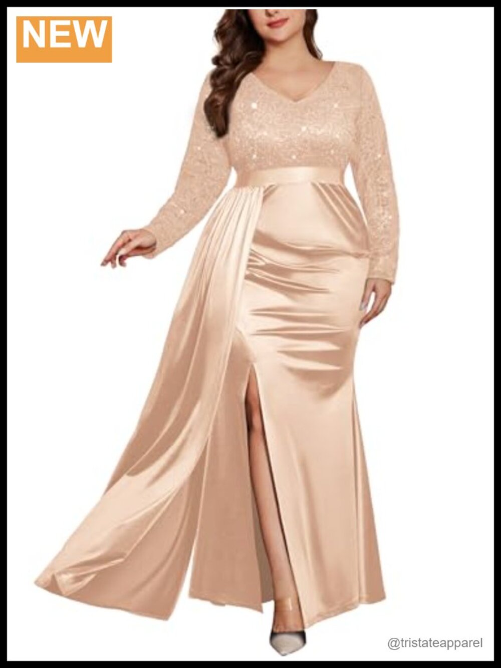 Plus Size Formal V Neck Satin Slit Mermaid Gown